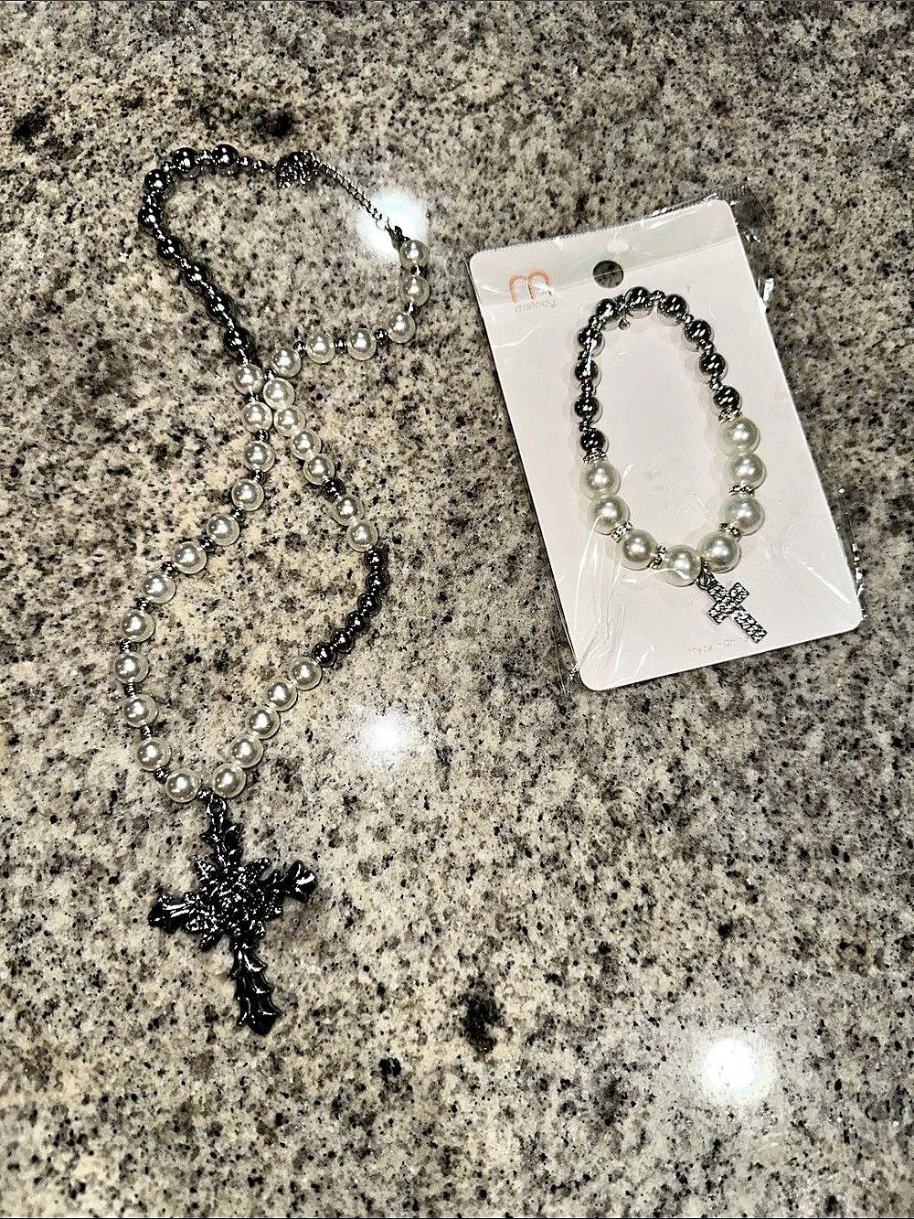 Beaded Cross Pendant Necklace and bracelet in Silver & White